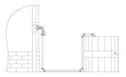 Schemat odzysku wody deszczowej do zbiornika naziemnego za pomocą rury 40 mm z zaworem kulowym umieszczonym na przewodzie doprowadzającym deszczówkę do zbiornika.