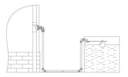 Schemat kompleksowego systemu do zagospodarowania wody deszczowej z zastosowanym zaworu pływakowego zamontowanego w zbiorniku gromadzącym wodę. 