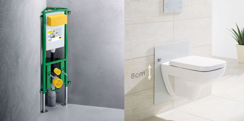 Oferta Viega Eco Plus obejmuje także elementy narożne, które idealnie sprawdzą się w małych łazienkach (po lewej). Tegoroczną nowością jest pierwszy na rynku stelaż z ręczną regulacją wysokości położenia miski ustępowej (po prawej).