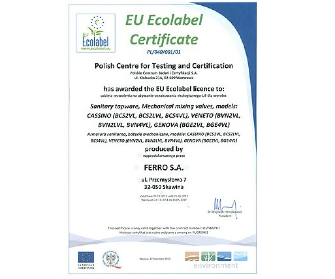 Pierwszy w Europie Certyfikat EU Ecolabel dla baterii oszczędzających wodę marki FERRO