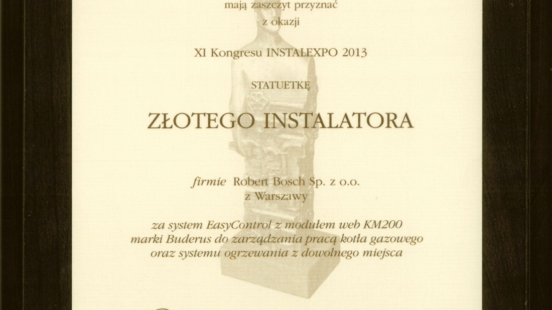 Złoty Instalator 2013 dla aplikacji mobilnej EasyControl