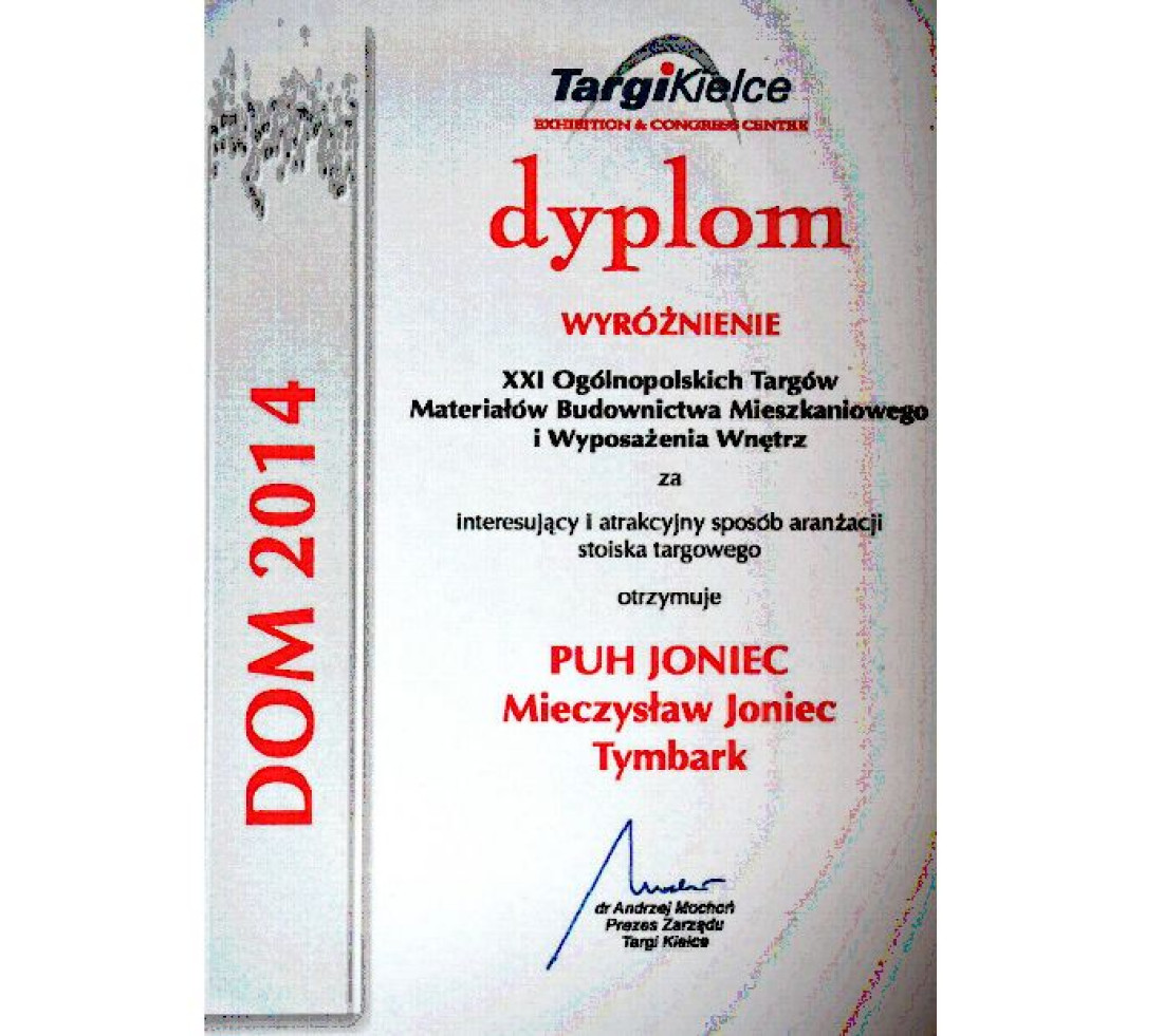 Firma JONIEC otrzymała wyróżnienie na XXI Ogólnopolskich Targach DOM 2014