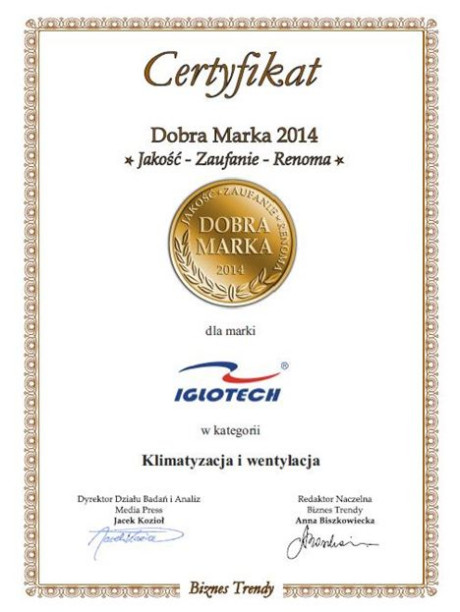 Jakość, zaufanie, renoma i ogromny potencjał przyczyniły się do zdobycia przez  firmę Iglotech tytułu Dobra Marka 2014