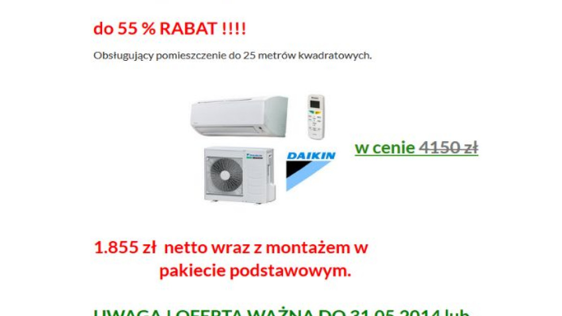 Klimatyzator typu split renomowanej firmy DAIKIN wraz z montażem już od 1855 zł