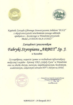 Dyplom Solidarnych &quot;Plus&quot; dla Arbet