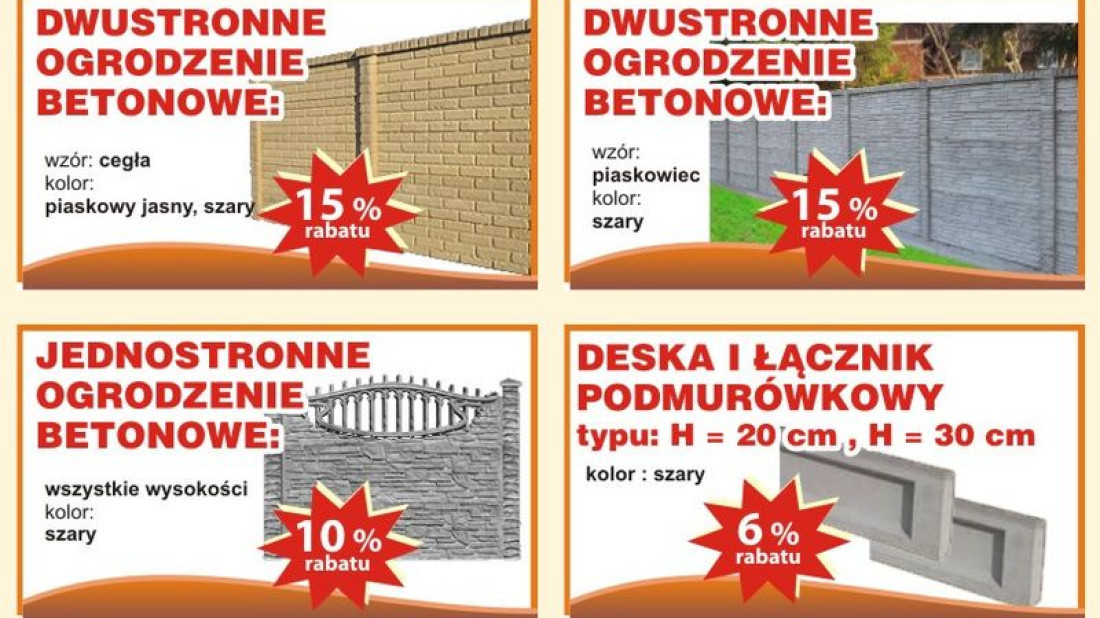 6%, 10% i 15% - promocja firmy Pref-Bet na ogrodzenia betonowe oraz ich elementy