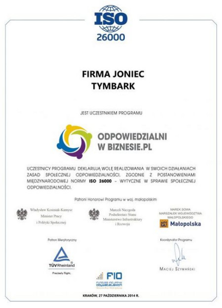 Joniec uczestnikiem programu ODPOWIEDZIALNI W BIZNESIE.PL