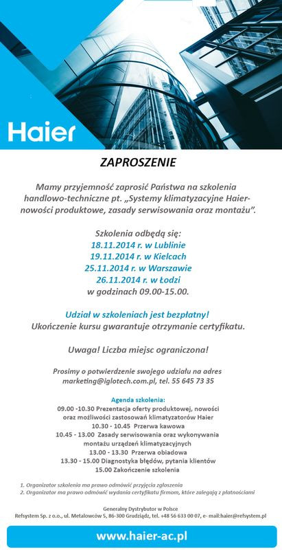 Haier zaprasza na bezpłatne szkolenie "Systemy klimatyzacyjne Haier - nowości produktowe, zasady serwisowania oraz montażu"