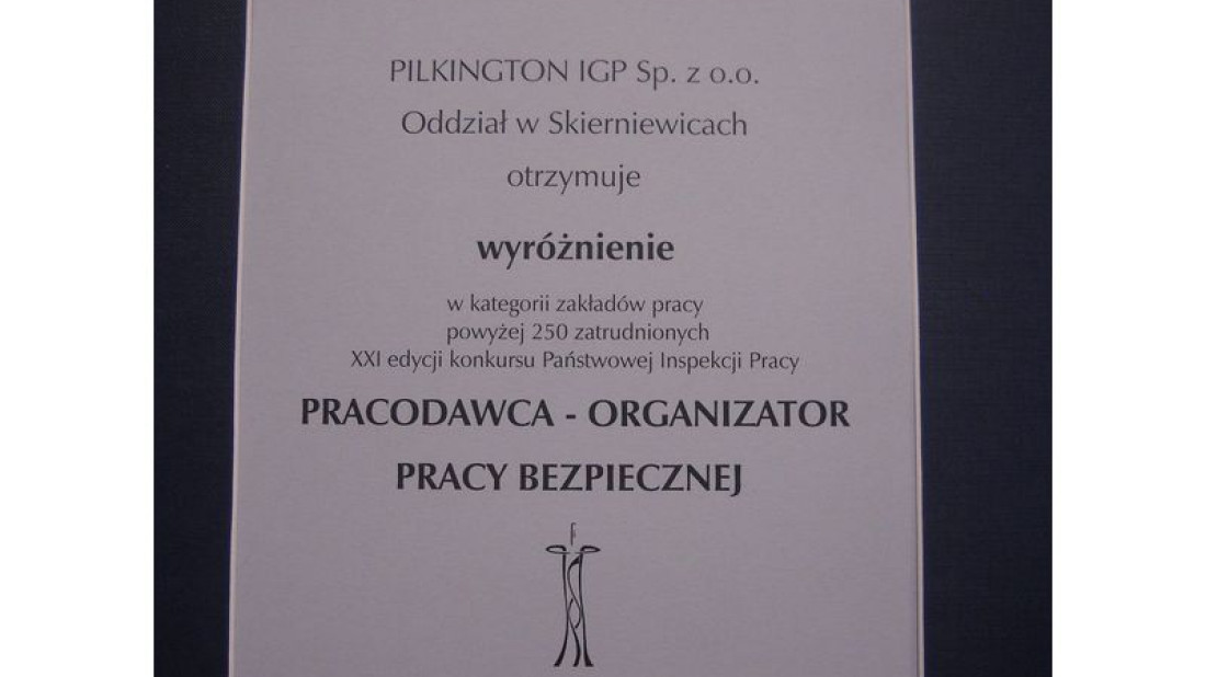 Pilkington IGP wyróżniony za bezpieczeństwo pracy