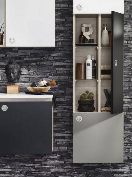 Meble Jazz wykonane z lakierowanego MDF-u, podwieszane, fronty biało-szaro-czarne, szafka podumywalkowa o szer. 98 cm, słupek o wys. 166 cm, meble wyposażone w system cichego domykania, Tiger, CORAM POLAND