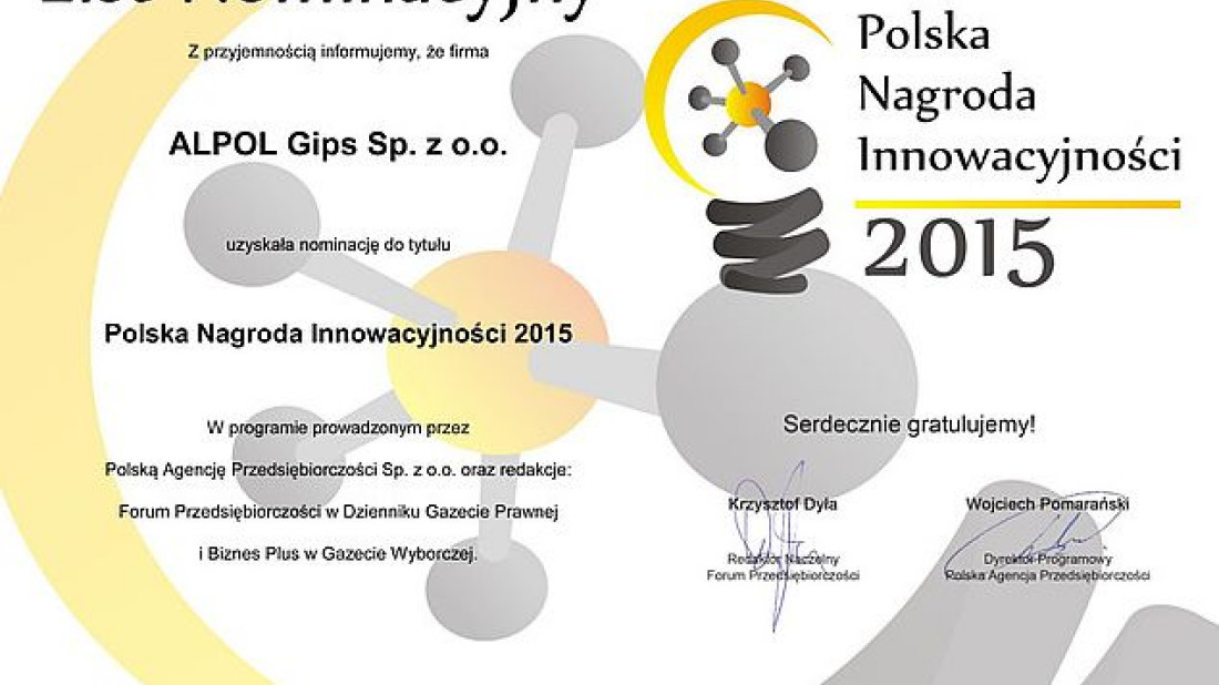 Do Polskiej Nagrody Innowacyjność 2015 nominację otrzymała firma Alpol Gips