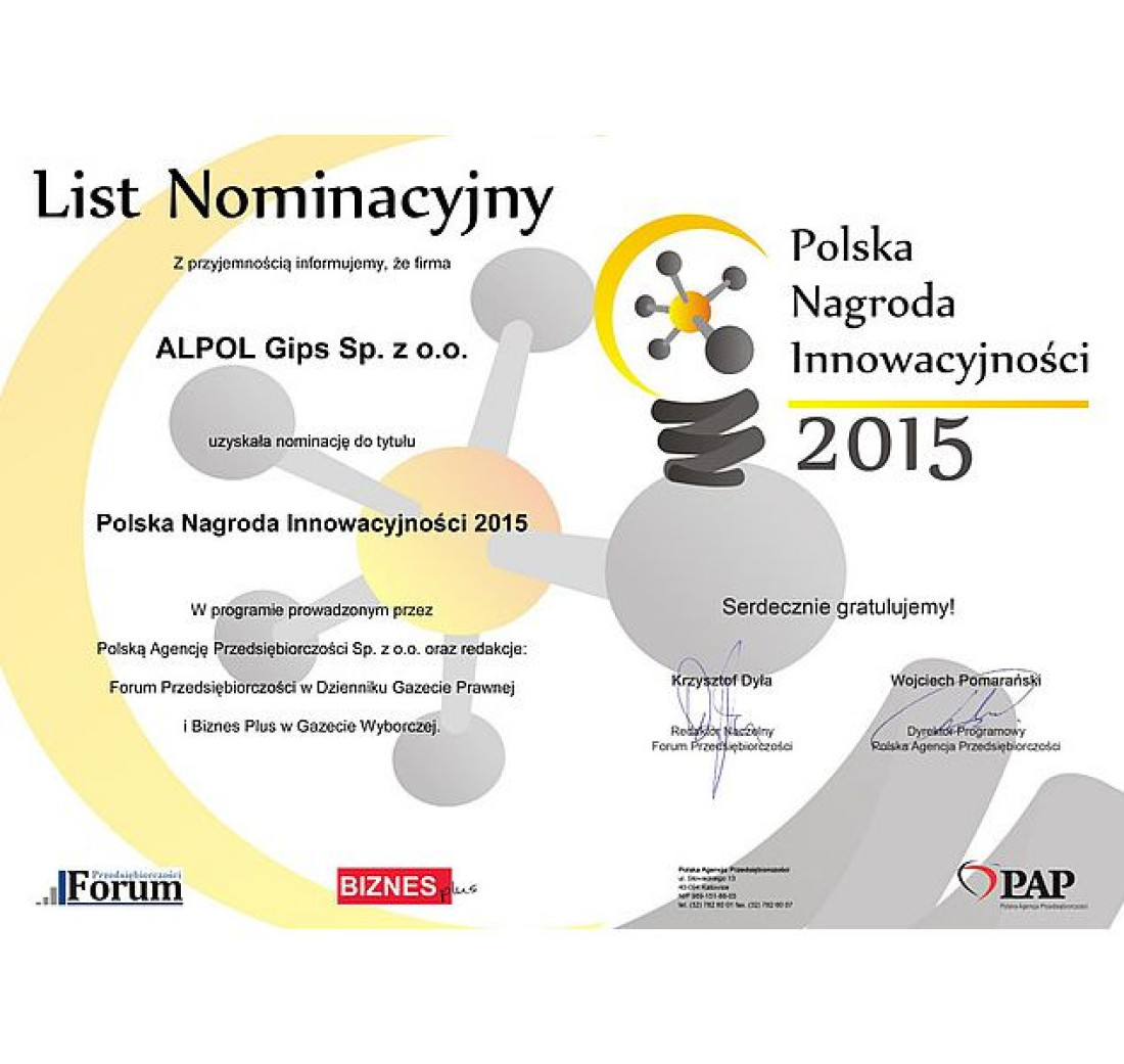 Do Polskiej Nagrody Innowacyjność 2015 nominację otrzymała firma Alpol Gips