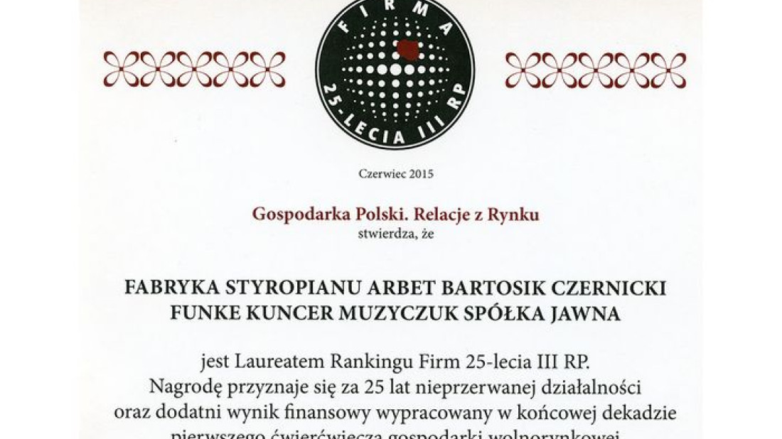 ARBET producent styropianu - laureatem Rankingu Firm 25-Lecia