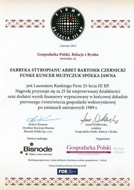 ARBET producent styropianu - laureatem Rankingu Firm 25-Lecia