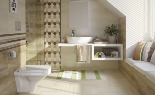 Gładka, matowa powierzchnia i beżowo-brązowa tonacja będzie dobrze pasować do  łazienek z drewnianymi elementami wystroju