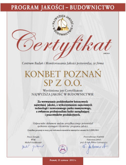 Certyfikat &quot;Najwyższa Jakość w Budownictwie&quot;