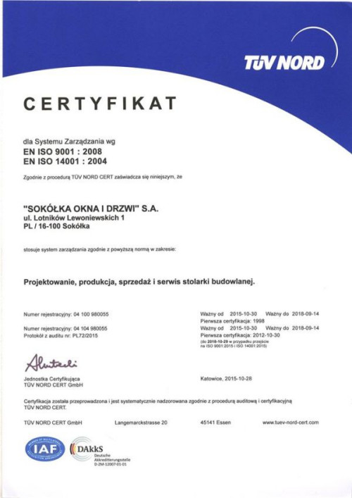 Certyfikat dla systemu zarządzania wg EN ISO 9001 : 2008 i EN ISO 14001 : 2004