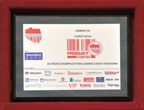 Jest nam niezmiernie miło, że profile kompozytowe GAMRAT już w pierwszym roku wprowadzenia do oferty handlowej otrzymały prestiżowy tytuł Produkt Roku 2015