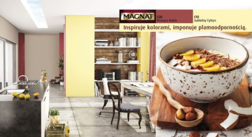 W kuchni można postawić na zestawienie kolorystyczne, gdzie nasycone, rubinowe barwy ciekawie korespondują  z łagodniejszym, utrzymanym w subtelnym tonie żółcieniem