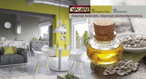 Wysmakowany oliwkowy kolor ścian w połączeniu ze srebrzystą szarością uzupełnijmy o industrialne elementy