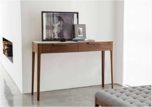 Konsola z dwiema szufladami z litego orzechowego drewna, z drewnianym lub marmurowym blatem