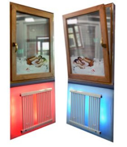 Wizualizacja okna z czujnikiem Roto MTS.  Po lewej: okno zamknięte, grzejnik jest włączony, ogrzewa pomieszczenie. Po prawej: okno uchylone, grzejnik jest wyłączony, czujnik sterujący termostatem odcina dopływ ciepłej wody. Foto Roto