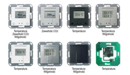 Przykłady czujników parametrów otoczenia firmy Elsner Elektronik, wykonanych w standardzie 55 mm x 55 mm 