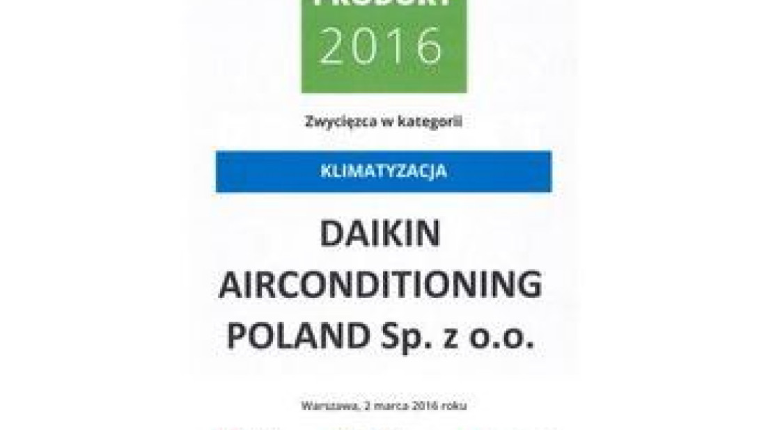 Najciekawszy Produkt 2016 dla systemu VRV-i firmy Daikin