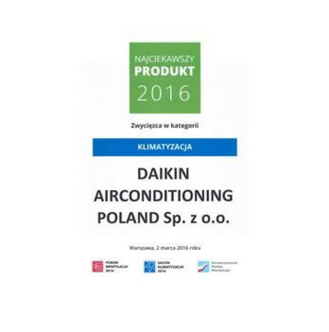 Najciekawszy Produkt 2016 dla systemu VRV-i firmy Daikin