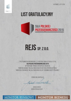 Nominacja do Siły Polskiej Przedsiębiorczości 2015 jest zatem wyrazem uznania naszej redakcji dla marki REJS Sp. z o.o.