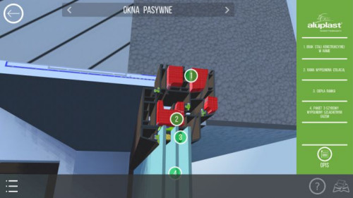 Dla prezentacji okien pasywnych wykorzystane zostały systemy okienne aluplast serii energeto 8000, które zastosowane już zostały w wielu budynkach w standardzie pasywnym realizowanych w ostatnich latach w Polsce