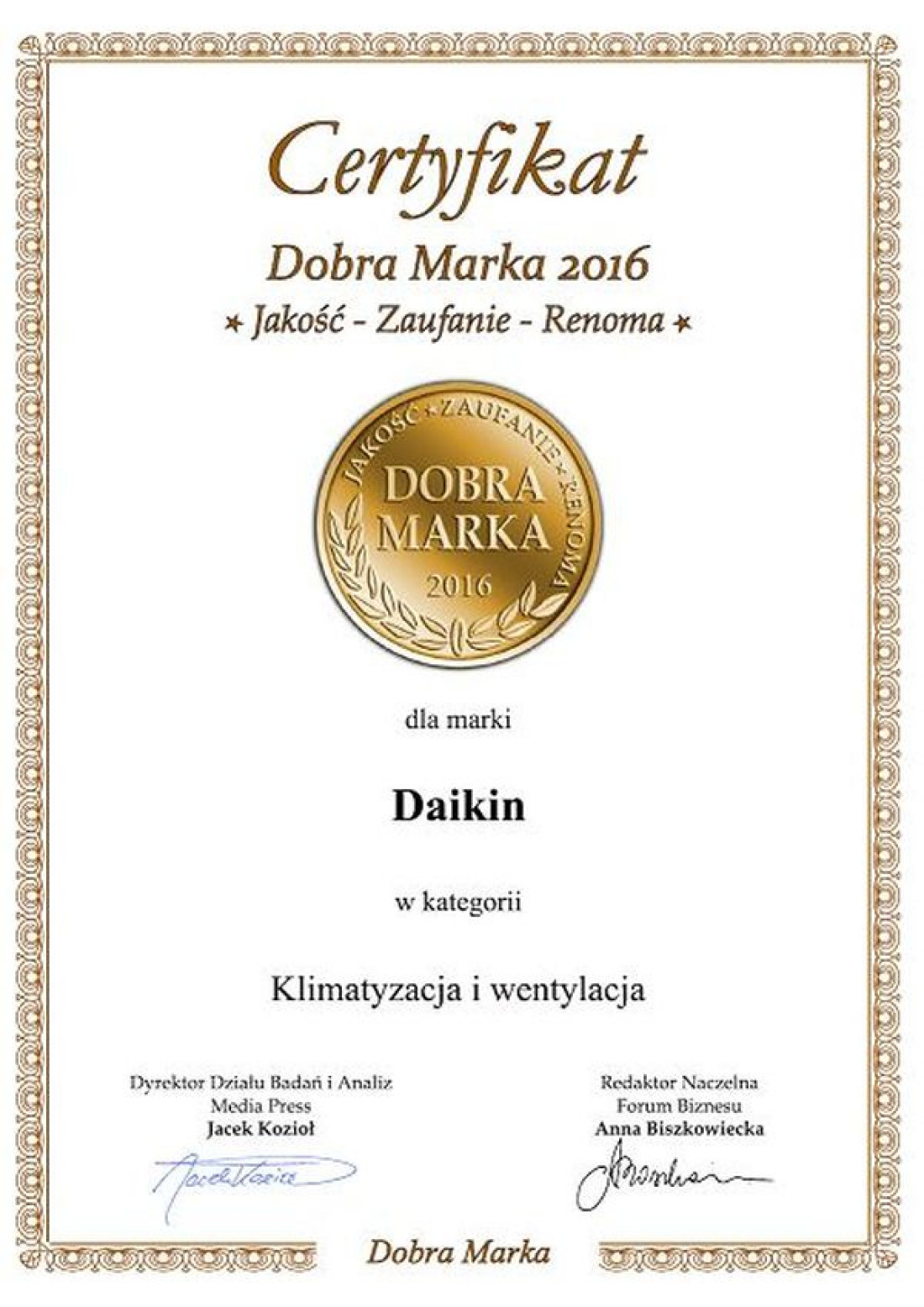 Daikin laureatem wyróżnienia Dobra Marka 2016