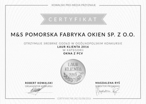 MS więcej niż OKNA została wyróżniona w ogólnopolskim konkursie &quot;Laur Klienta 2016&quot;