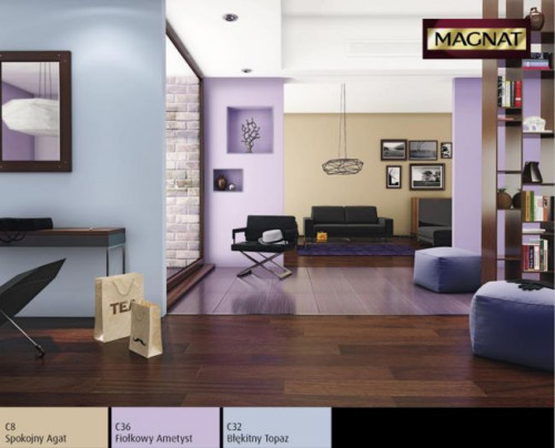 Odcienie koloru niebieskiego w połączeniu z fioletem wprowadzają do wnętrza harmonię i spokój