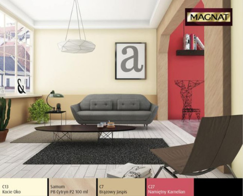 Przytulne, spokojne beżowe barwy zostały wzbogacone o mocny akcent kolorystyczny