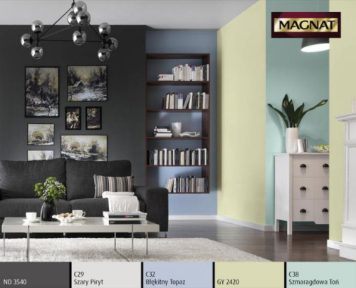 Neutralne barwy w odcieniach spokojnej zieleni, błękitu i grafitu to bardzo modne zestawienie