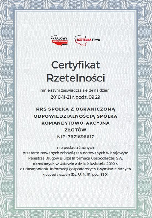 Uczestnicy  programu otrzymują Certyfikat Rzetelności