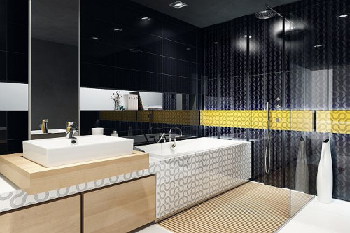 Kolekcja opiera się na czarnych, białych i żółtych płytkach