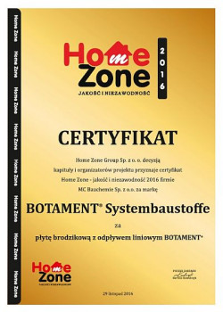 Certyfikat Home Zone 2016 został wręczony podczas uroczystej gali 29.11.2016 w Pałacu Kultury i Nauki w Warszawie