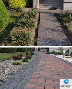 Mało estetyczną alejkę z luźno ułożonych płyt chodnikowych, bez krawężników czy obrzeży, zastąpiono eleganckim chodnikiem z prawdziwego zdarzenia