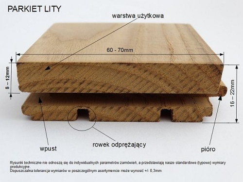 Parkiet tradycyjny wykonywany w różnych wymiarach o maksymalnej długości 500 mm, w dwóch grubościach 22 mm i 16 mm