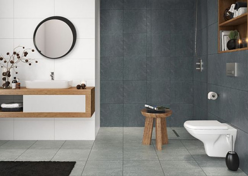 Szary, od kilku lat ulubiony kolor polskich wnętrz, chętnie przenieślibyśmy również do łazienki