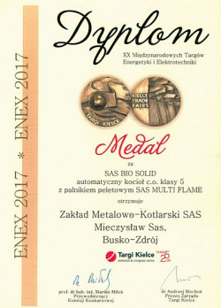 Jeden z zaprezentowanych produktów - kocioł SAS BIO SOLID z palnikiem peletowym SAS MULTI FLAME został nagrodzony medalem Targów Enex 2017