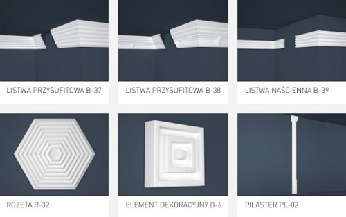W skład kolekcji wchodzą listwy przysufitowe i naścienne, rozety, pilaster i element dekoracyjny