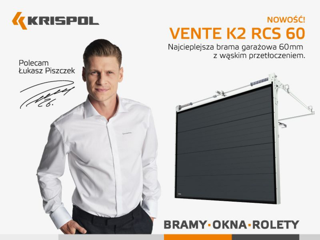 KRISPOL przedstawia nowy model ciepłej bramy VENTE K2 RCS 60 z efektownym, wąskim przetłoczeniem