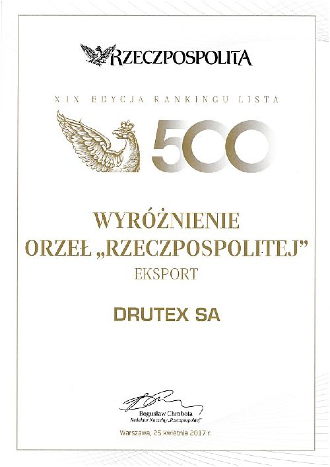 Drutex z wyróżnieniem za eksport i nominacją do nagrody Orła "Rzeczpospolitej"