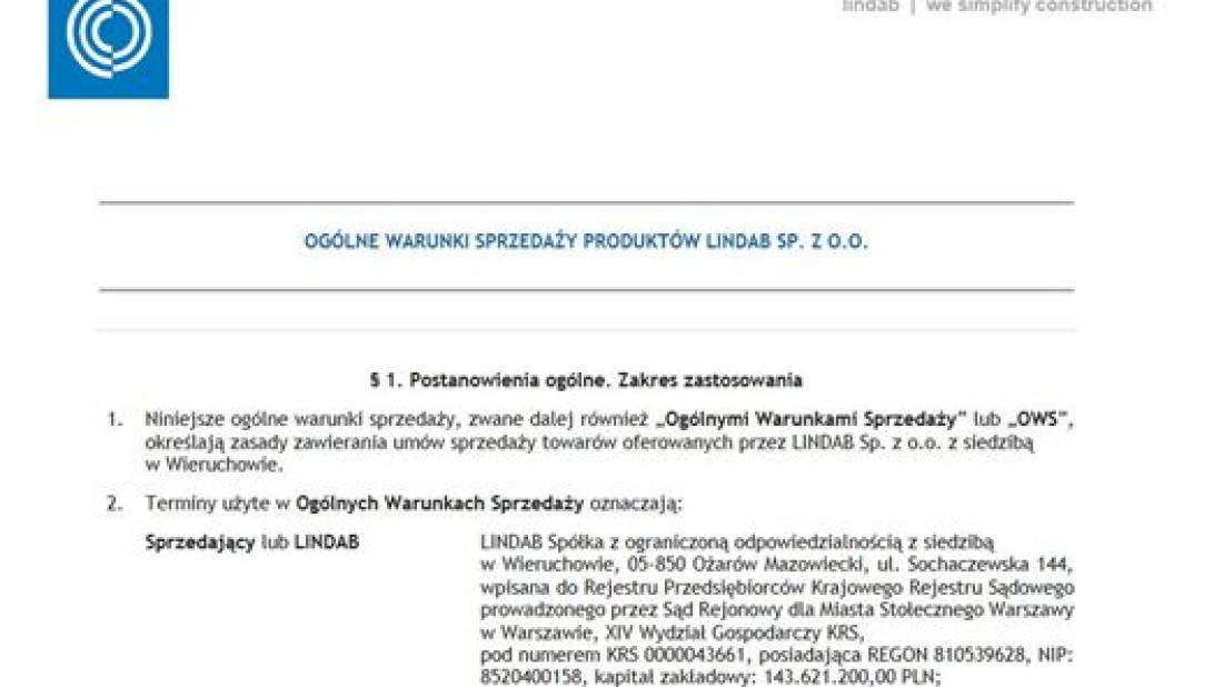 Zmiana Ogólnych Warunków Sprzedaży produktów Lindab