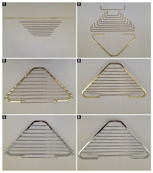 Do produkcji tego elementu używamy płaskownika mosiężnego o wymiarach 6x5mm oraz pręcików mosiężnych grubości 2,5mm