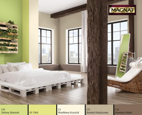 Wiosenne odcienie zieleni i delikatnych brązów przywołują na myśl barwy spotykane na łonie natury