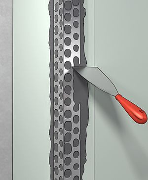 Na zewnętrznym połączeniu płyt g-k (narożu) rozprowadź gips szpachlowy NIDA Start i wtop w niego narożnik aluminiowy perforowany